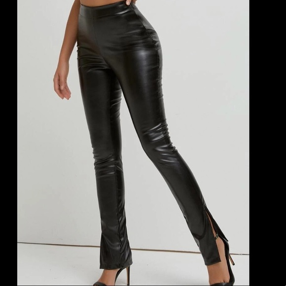 Black Split Hem Leather Pants - Picture 2 of 4
